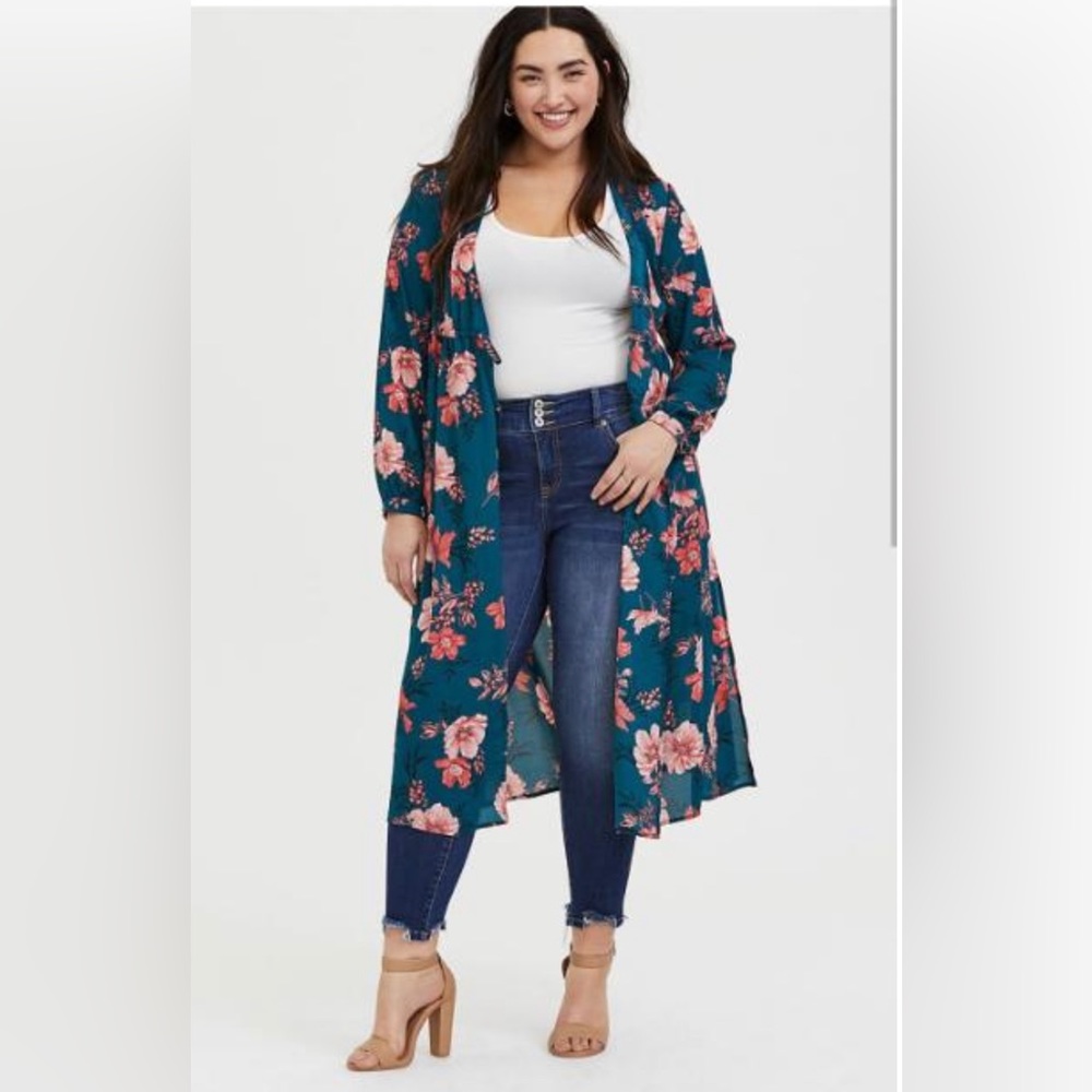 Floral Teal Longline Kimono Cardigan - Women's Teal Floral Top